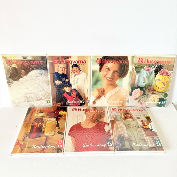 7 Vintage Husqvarna Viking Embroidery Design Card Kit Disks & Booklets (1990s)